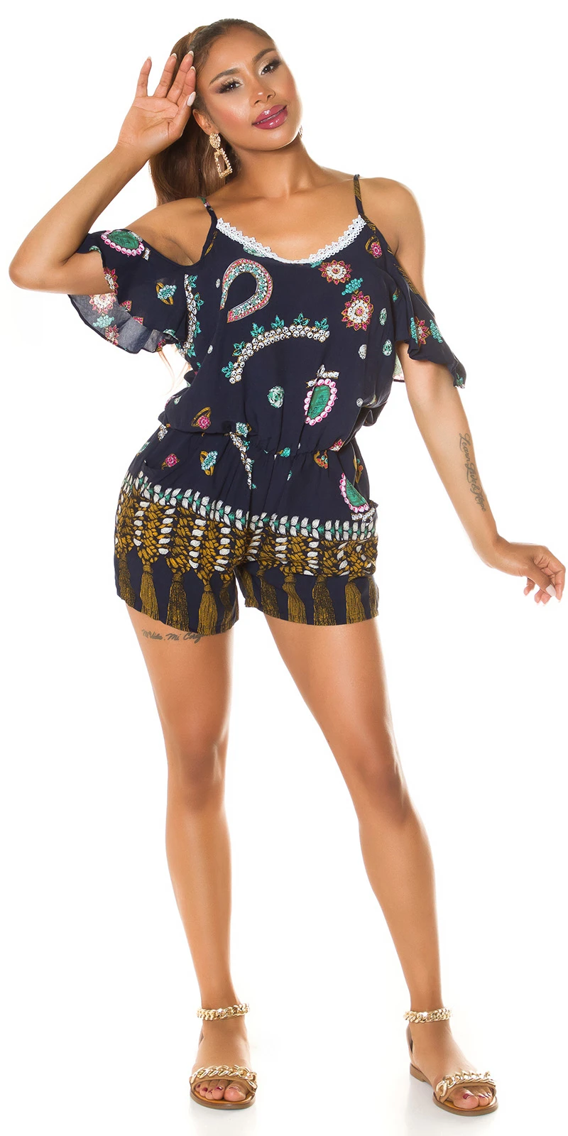 Cold Shoulder Summer Hotpants Träger Jumpsuit mit Print Cold Shoulder Summer Hotpants Träger Jumpsuit mit Print