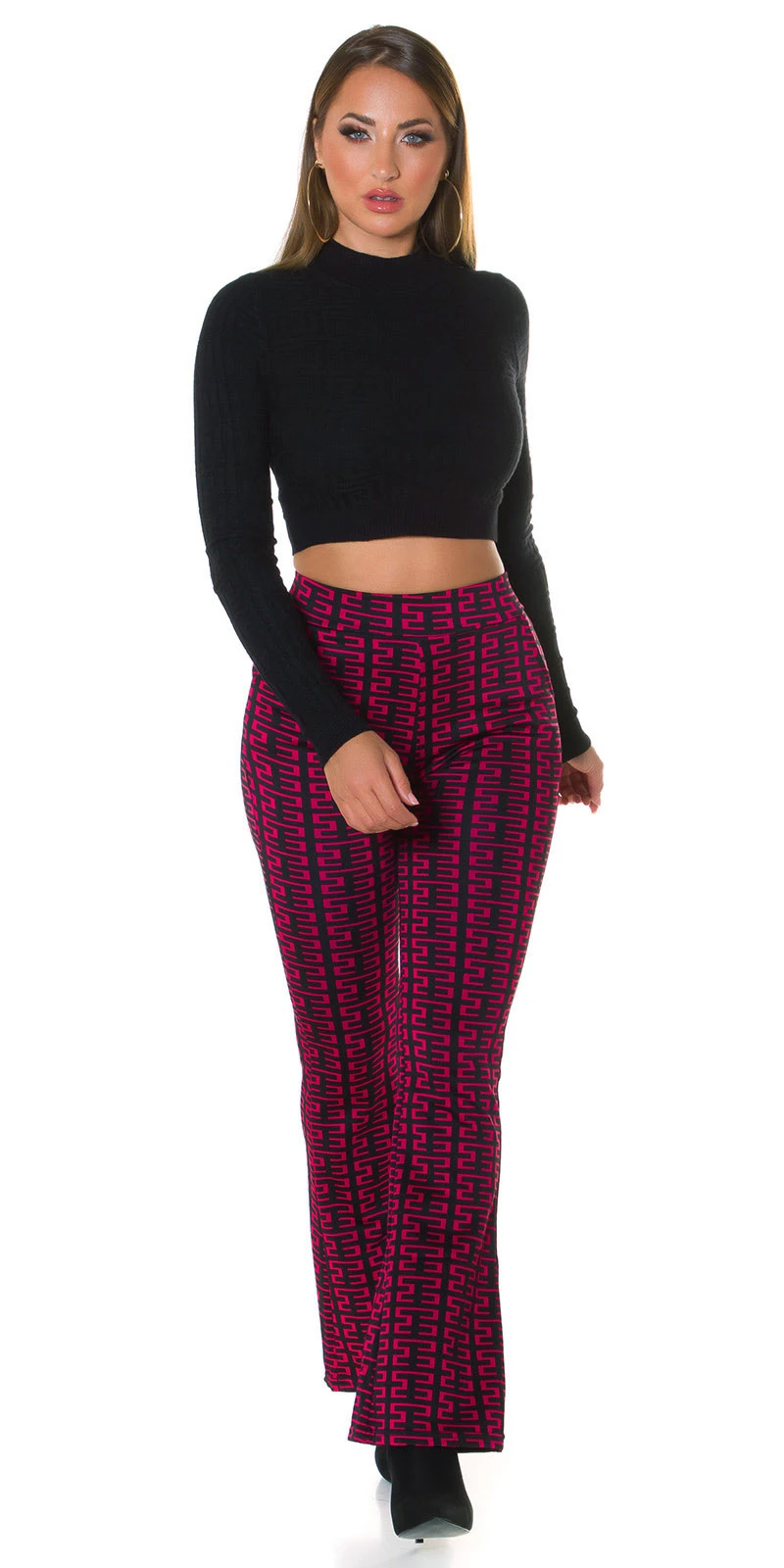 Printed High Waist Stretch Hose mit Schlag Printed High Waist Stretch Hose mit Schlag