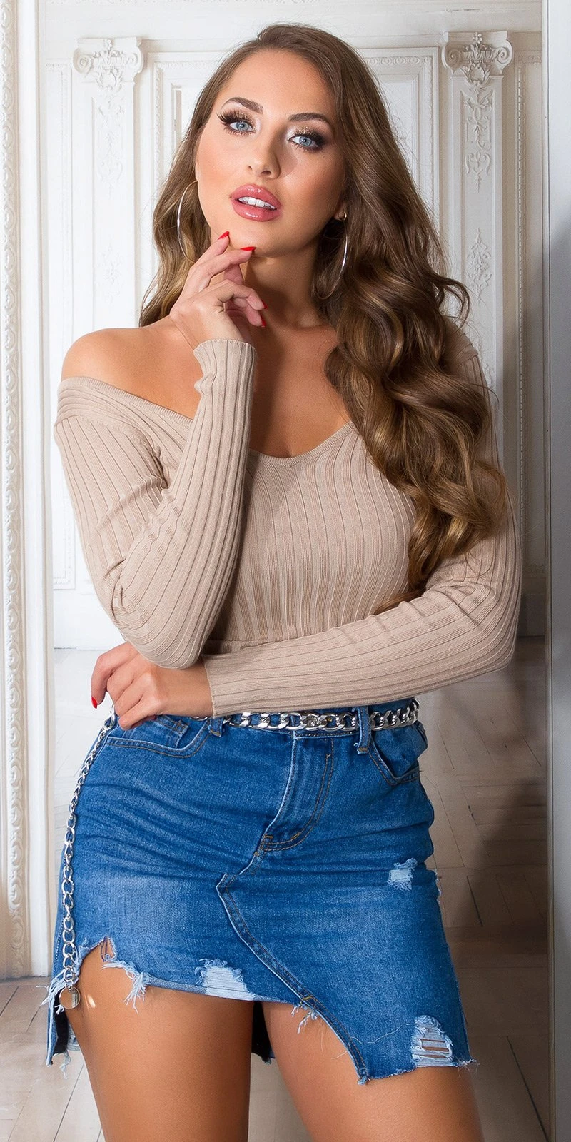 Doppel V-Neck Rippstrick Pullover