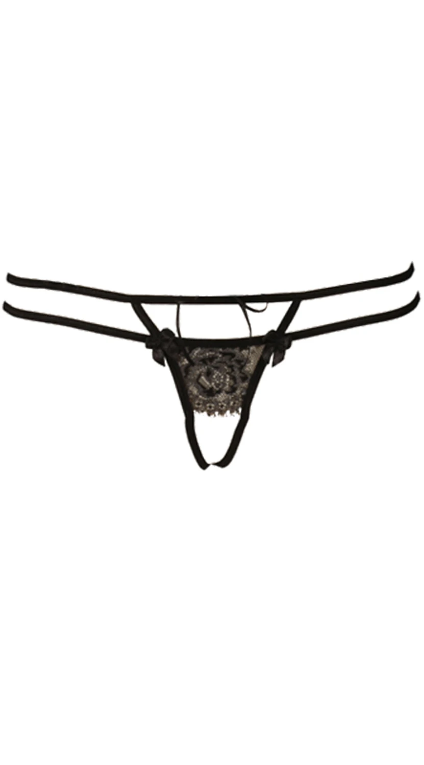 Axami Damen String ouvert in schwarz mit glänzender Spitze