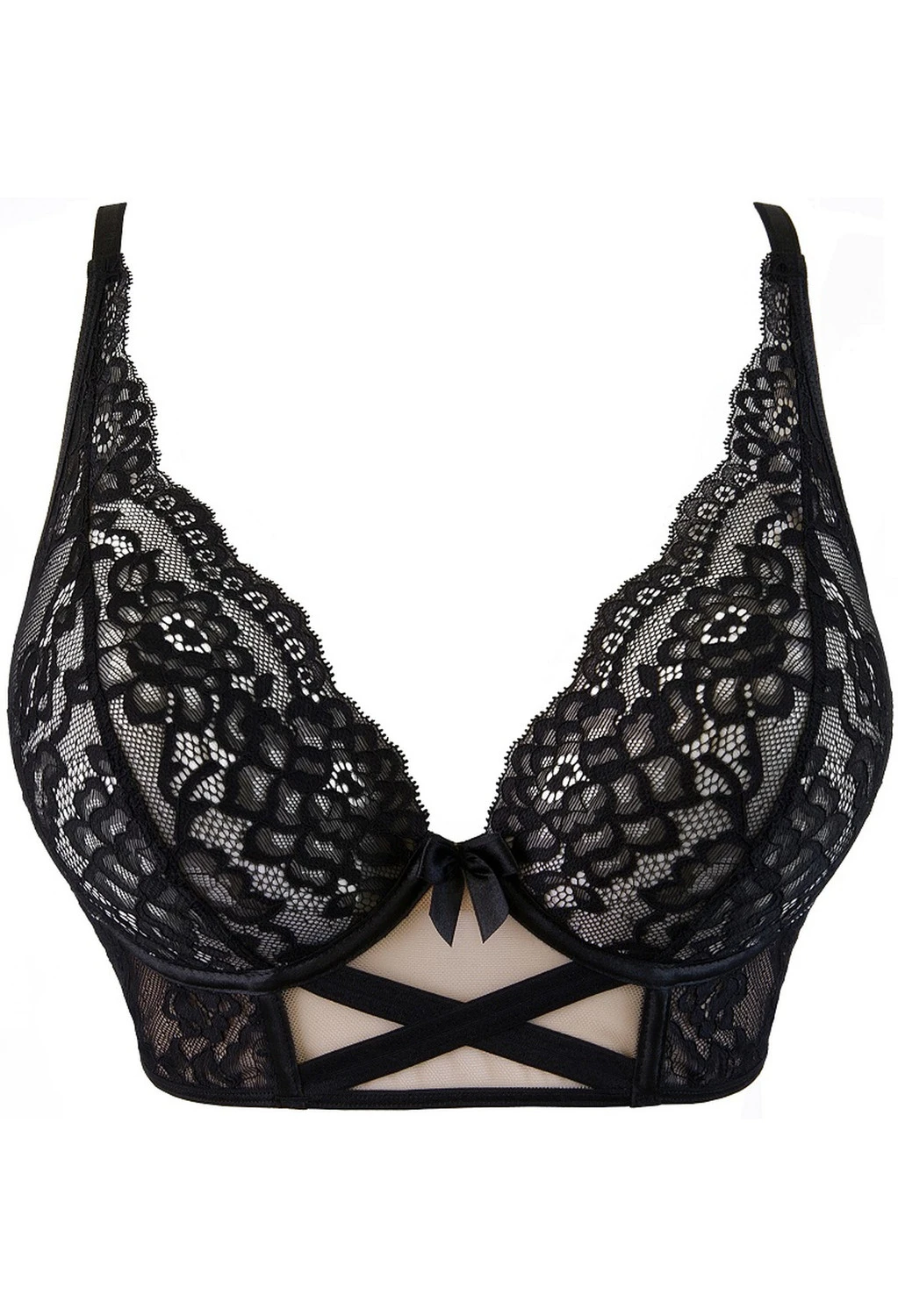 Axami sinnliches Bustier mit Kreuzmotiv schwarze Spitze auf hautfarbenen Tüll