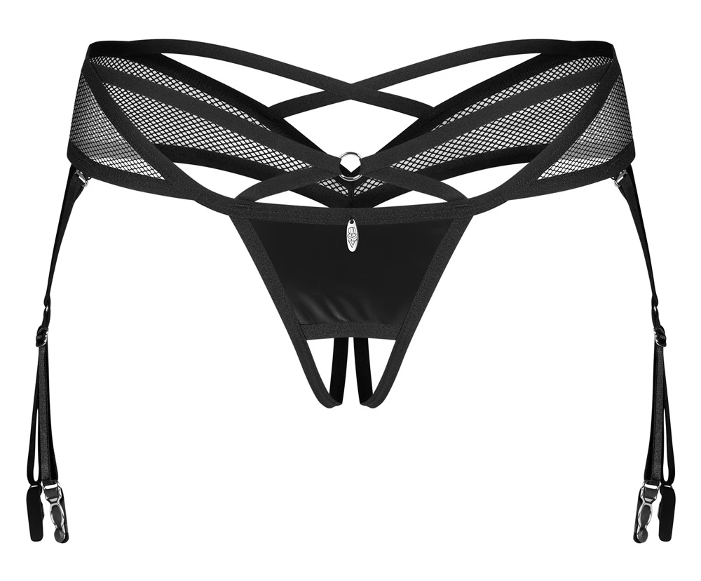 Verführerisch offener Straps-String ouvert Dominna von Obsessive in Wetlook-Netz-Design mit abnehmbaren Strapsen und edlem Schmuckdetail