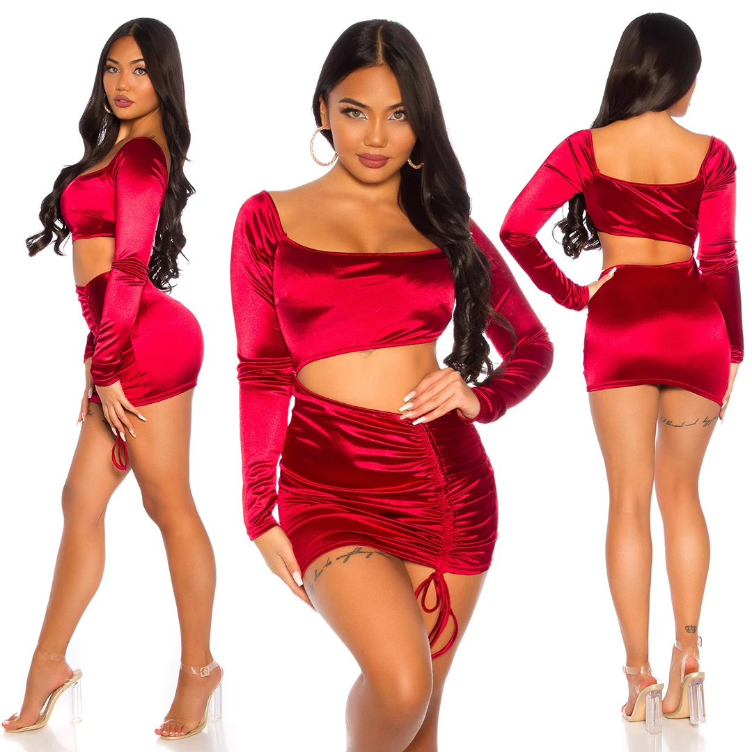 Glossy Satin Langarm Minikleid mit sexy Cutout und Raffung Glossy Satin Langarm Minikleid mit sexy Cutout und Raffung