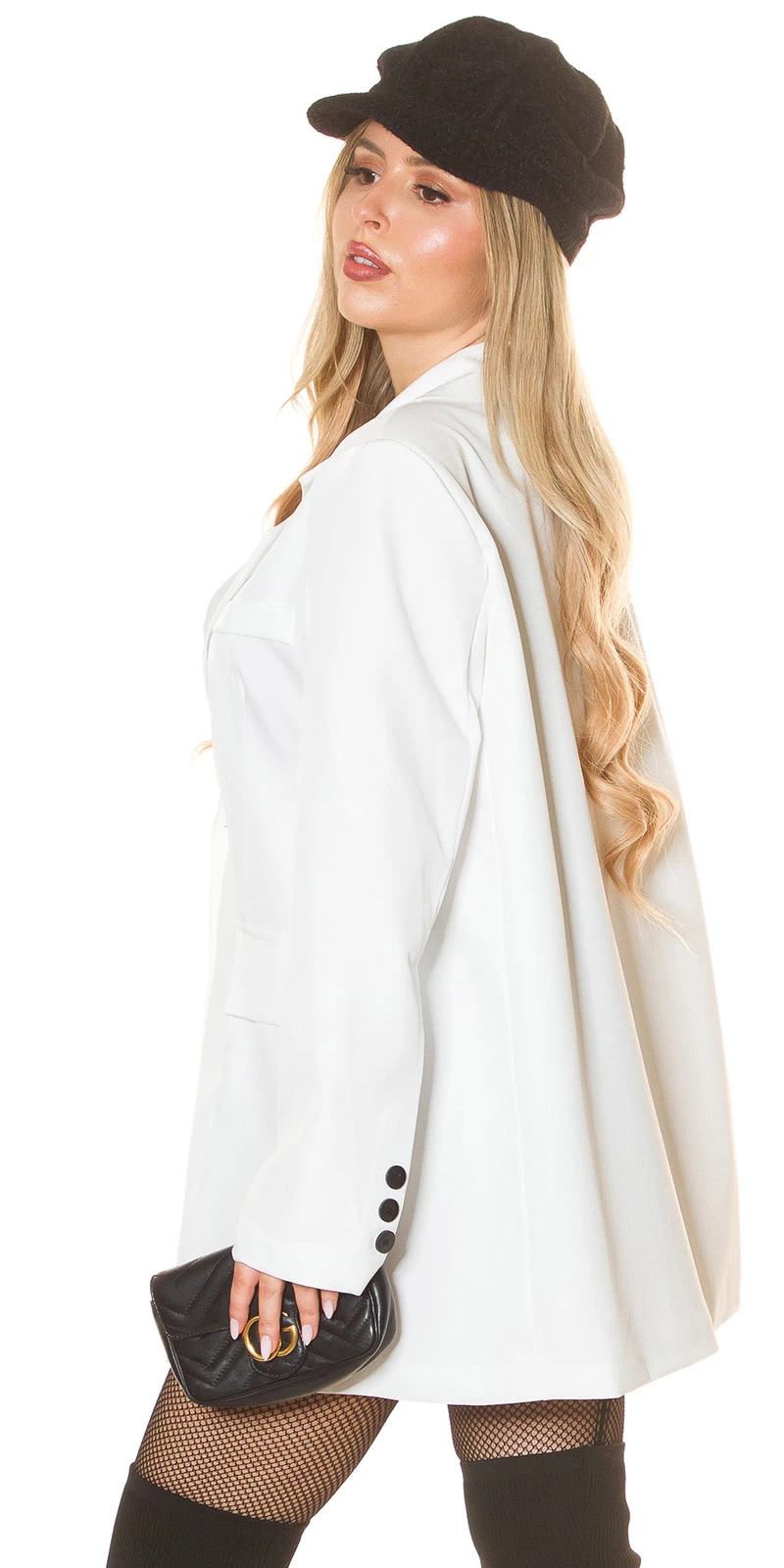 Langarm-Blazer in stilvoller Oversize-Long-Form mit taillierter Silhouette, Reverskragen und eleganten Zier-Details Langarm-Blazer in stilvoller Oversize-Long-Form mit taillierter Silhouette, Reverskragen und eleganten Zier-Details