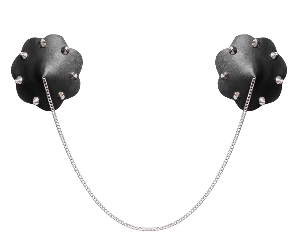 Nippelsticker mit Kette Lederoptik Spikes selbstklebend mehrfach verwendbar auffällige Brust-Cover in Schwarz silberne Nieten Bad Kitty