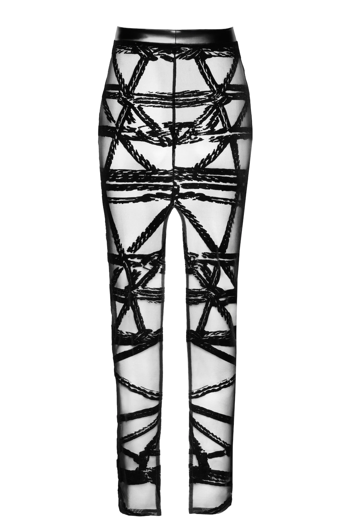 Langer Rock Kinky Bondesque aus elastischem Tüll mit Shibari-Flock und Wetlook-Bund, figurbetonend mit Gehschlitz – markant, selbstbewusst und stilvoll von Noir Handmade F360