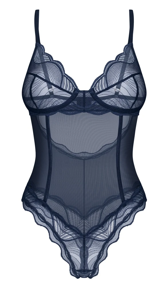 Sinnlich eleganter Ouvert-Body Nightly Blue mit filigranen Spitzen und verstellbaren Trägern