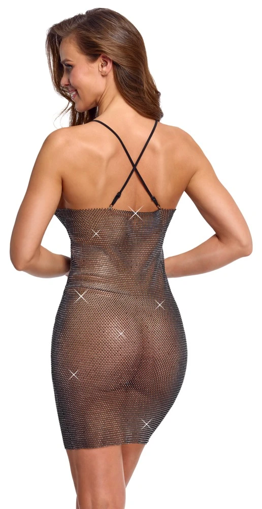 Betonendes Glitzer-Minikleid aus transparentem Netz mit funkelndem Allover-Strassbesatz und tiefem V-Ausschnitt von Cottelli PARTY Betonendes Glitzer-Minikleid aus transparentem Netz mit funkelndem Allover-Strassbesatz und tiefem V-Ausschnitt von Cottelli PARTY