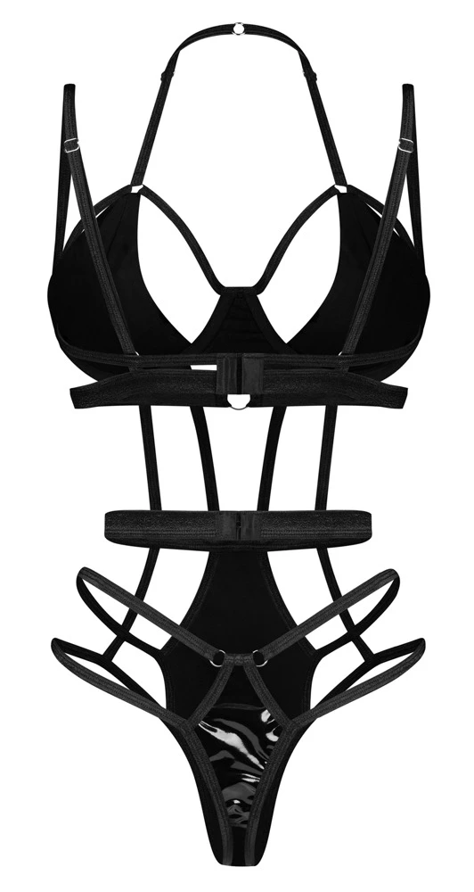 Body Keira Lise – schwarzer Stringbody in aufregender Riemen-Optik mit glänzenden Lack-Einsätzen, silberfarbenen Ringen und verstellbaren Trägern von Obsessive Body Keira Lise – schwarzer Stringbody in aufregender Riemen-Optik mit glänzenden Lack-Einsätzen, silberfarbenen Ringen und verstellbaren Trägern von Obsessive