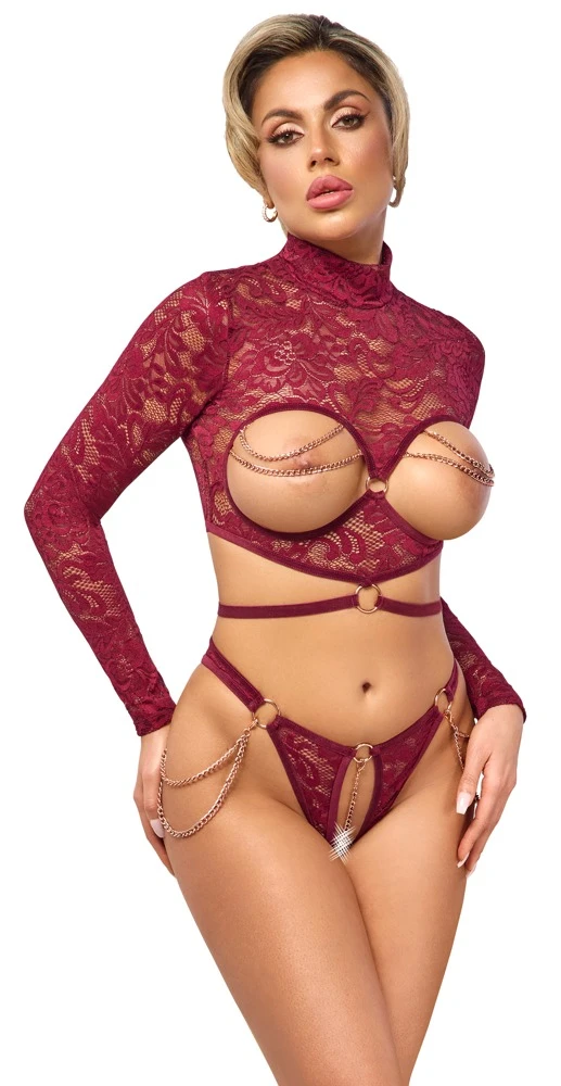 Abierta Fina Sinnliches Lingerie-Set: Hochgeschlossenes Busenfreies Top & Offener Rio-Slip in Rot, Samt und Spitze Abierta Fina Sinnliches Lingerie-Set: Hochgeschlossenes Busenfreies Top & Offener Rio-Slip in Rot, Samt und Spitze