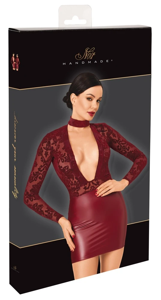 Noir Sexy Langarm-Minikleid in Burgunderrot mit transparentem Flockprint, engem Powerwetlook-Rock, tiefem Dekolleté und Choker-Halsband