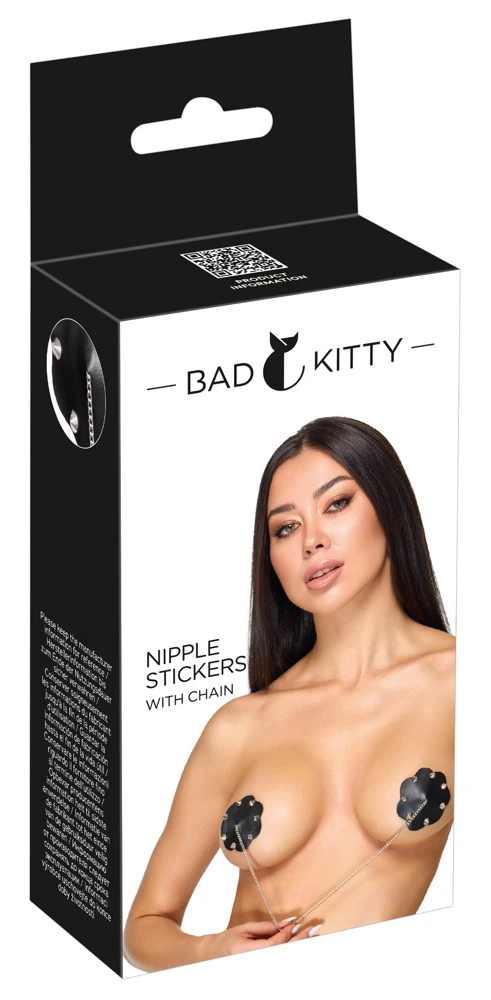 Nippelsticker mit Kette Lederoptik Spikes selbstklebend mehrfach verwendbar auffällige Brust-Cover in Schwarz silberne Nieten Bad Kitty