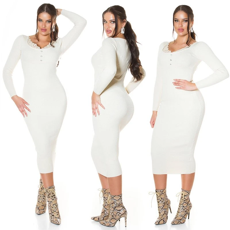 Business Midi Feinripp Langarm Kleid mit Deko Spitze und Strass