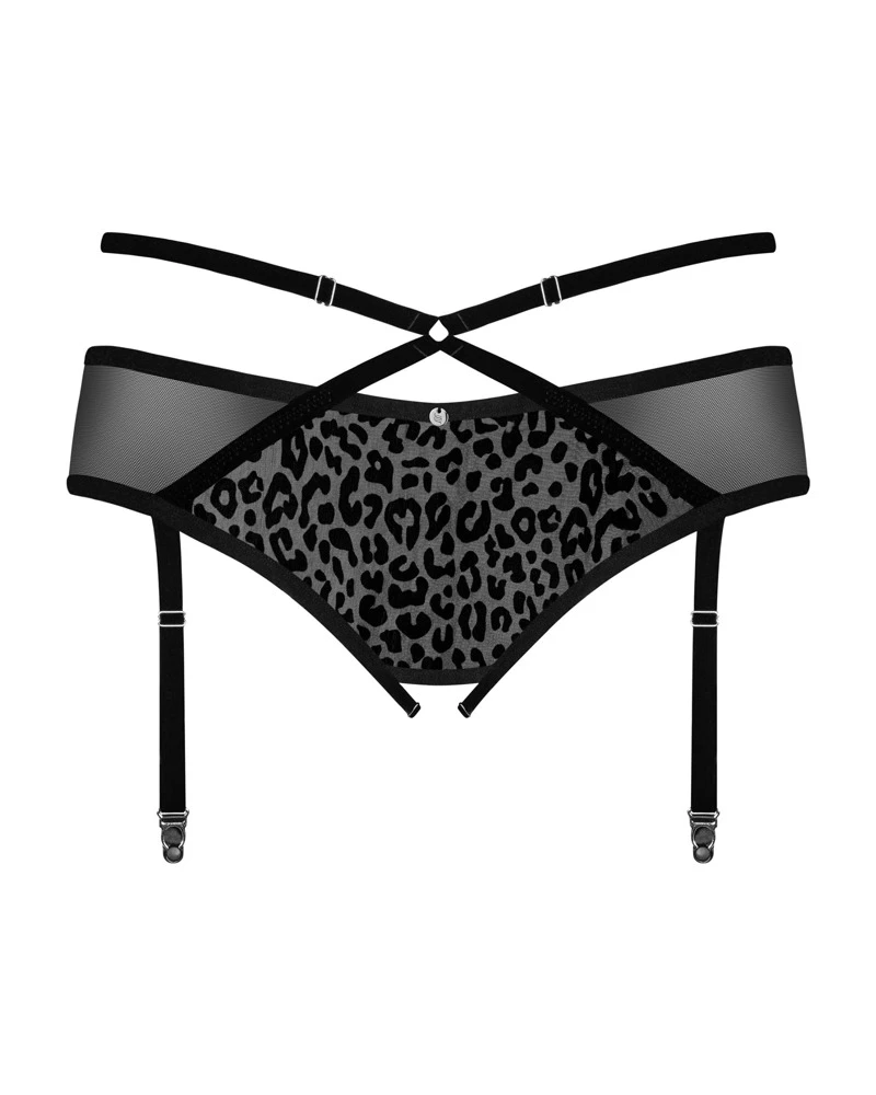 Obsessive offener Strumpfgürtel mit Tiermuster in schwarz. Dekorative Riemen vorne und hinten - betonte Silhouette mit durchsichtigen Netz.