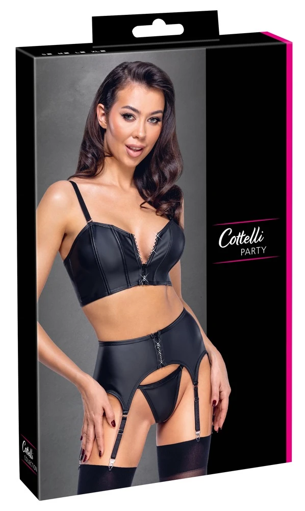 3-teiliges Straps-Set im schwarzen Mattlook von Cottelli PARTY mit Corsagen-Top, Strapsgürtel, String und funkelnden Glitzer-Reißverschlüssen