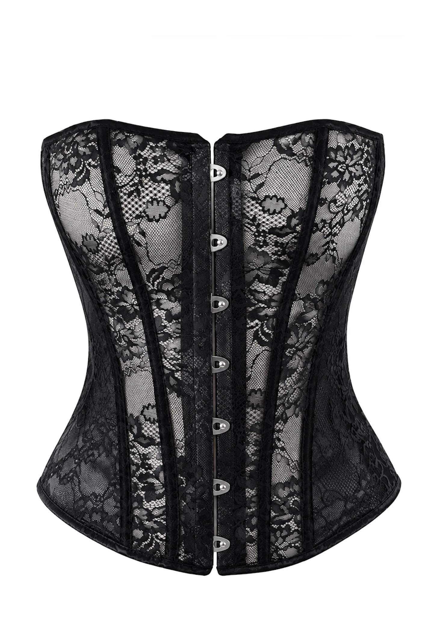 Korsett aus Spitze und Powerwetlook - Noir Handmade F406 One More Kiss - sexy in Schwarz, trägerlos mit Stäbchen und Frontverschluss