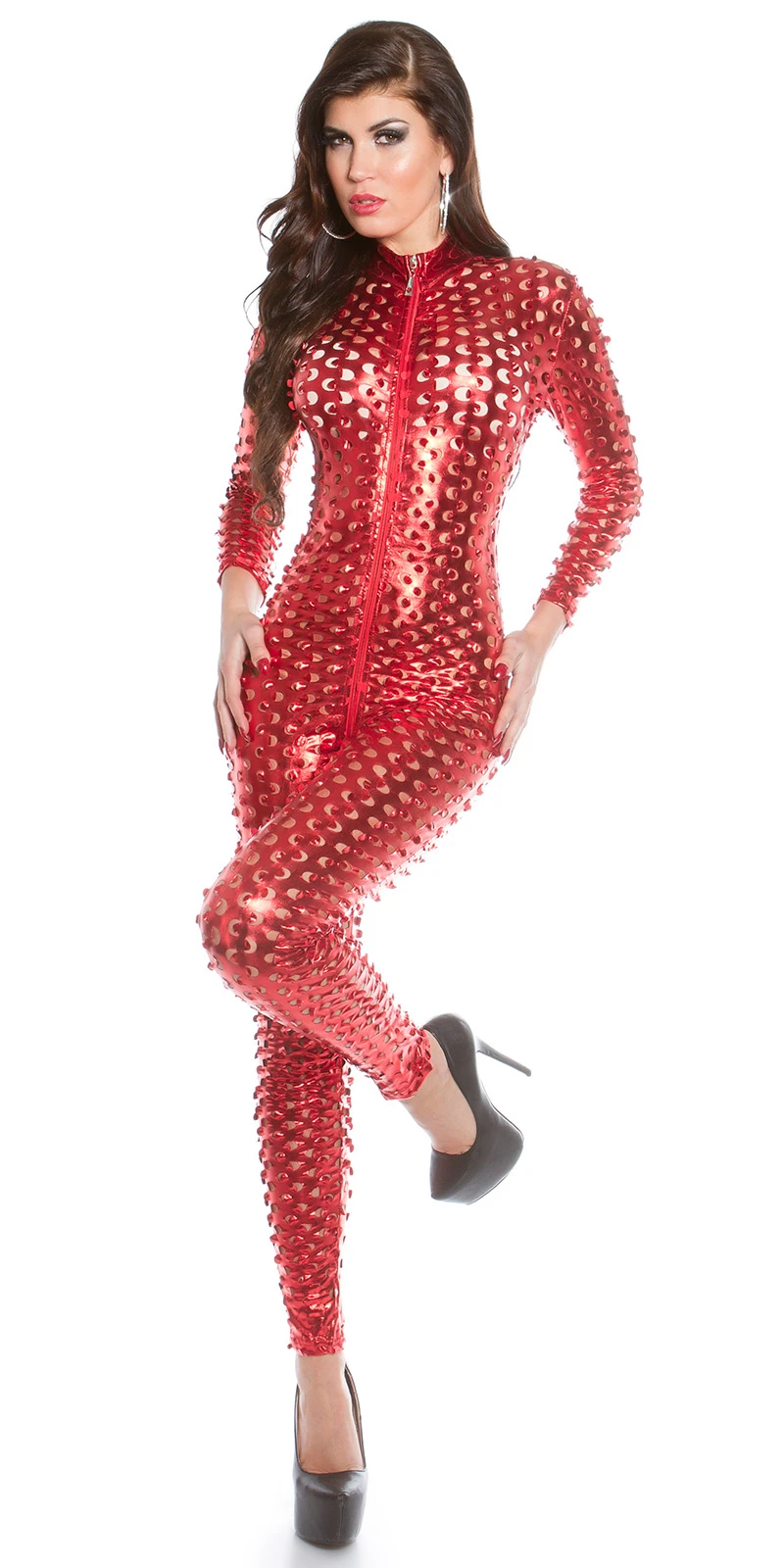 Kinky Langarm Jumpsuit, Catsuit aus dünnem Stretch mit glänzender Metallic Oberfläche, 2 Wege Reißverschluss und figurbetonter Long Form mit sexy allover Loch Musterung von Koucla