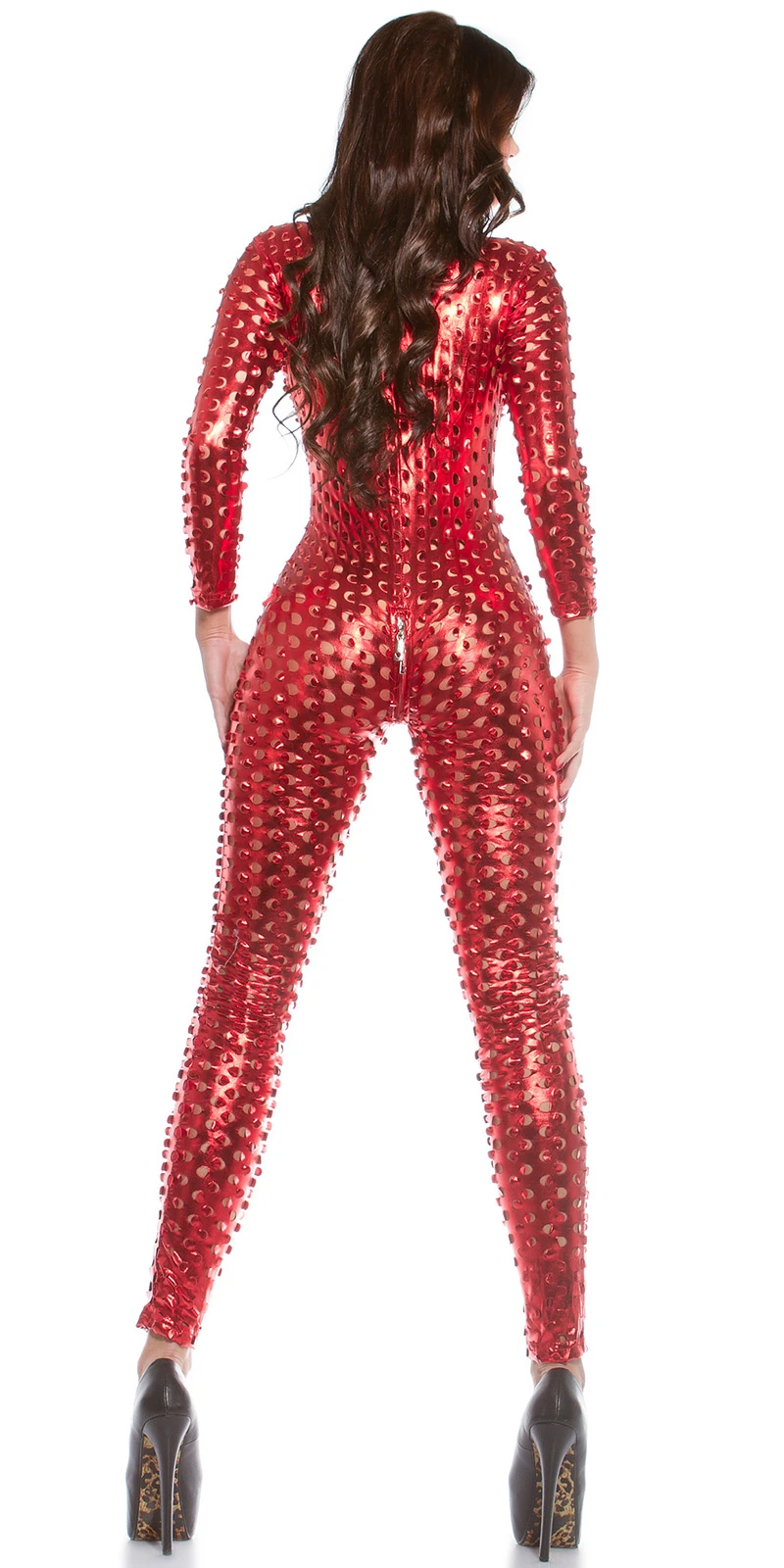 Kinky Langarm Jumpsuit, Catsuit aus dünnem Stretch mit glänzender Metallic Oberfläche, 2 Wege Reißverschluss und figurbetonter Long Form mit sexy allover Loch Musterung von Koucla