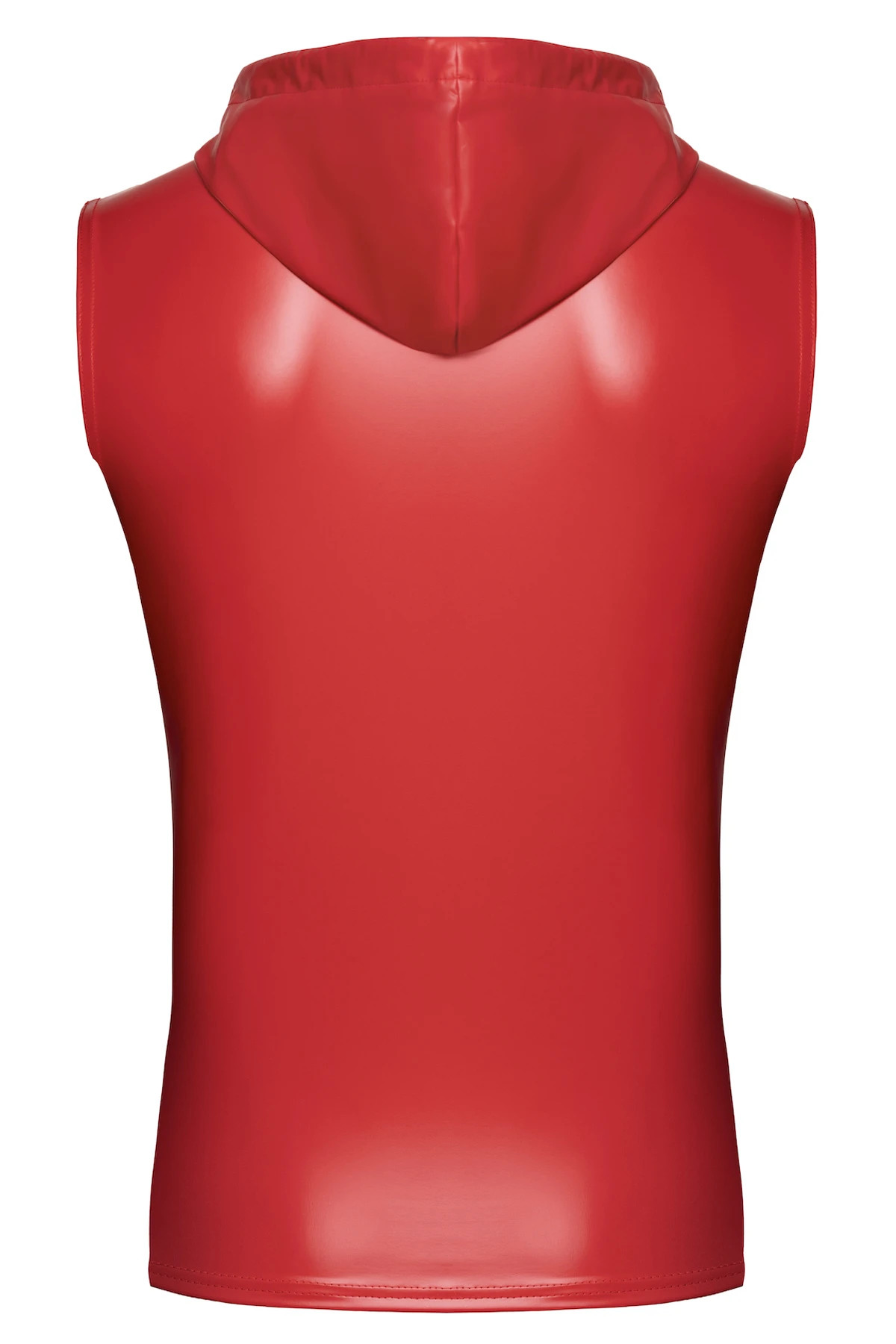 Herren Kapuzen Weste H096 - SHerren Kapuzen Weste H096 aus rotem Powerwetlook mit silbernem Frontreißverschluss, glatter glänzender Oberfläche, ärmellosem Schnitt und sportlicher Kapuze mit Stoffbändern von Noir Handmade Men