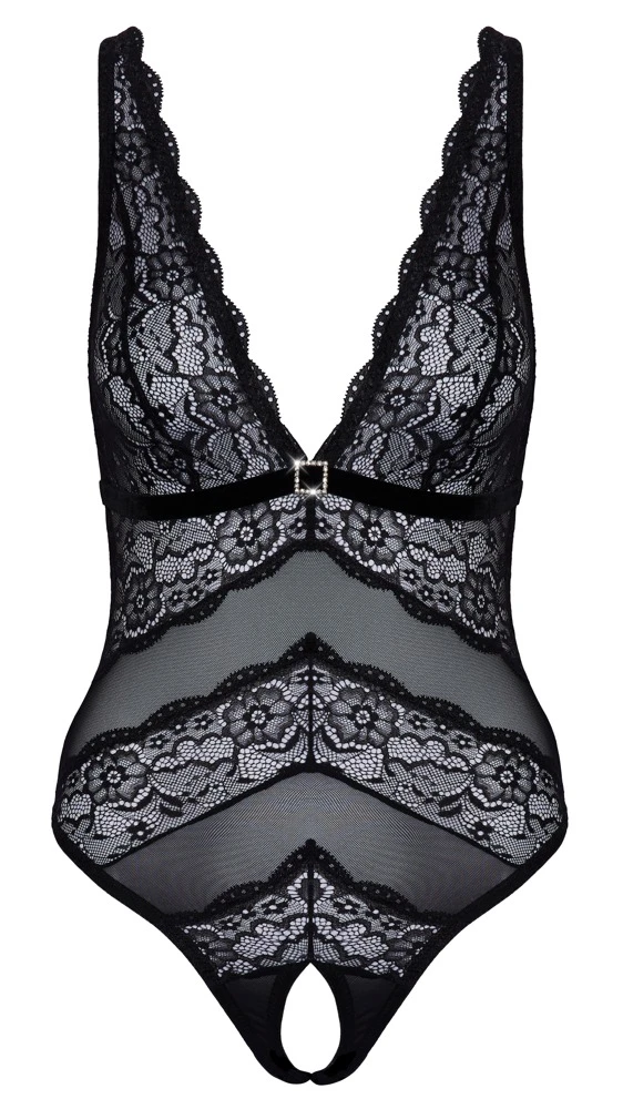 Cottelli LINGERIE Riobody im feinen weichen Material-Mix Schritt ouvert aus Powernet und Blütenspitze Cottelli LINGERIE Riobody im feinen weichen Material-Mix Schritt ouvert aus Powernet und Blütenspitze
