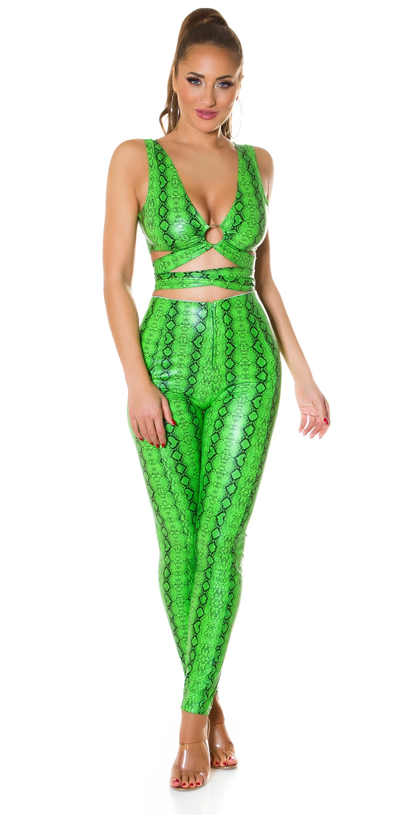 Wet Look V-Neck Crop Top zum Binden mit Ring-Applikation Wet Look V-Neck Crop Top zum Binden mit Ring-Applikation