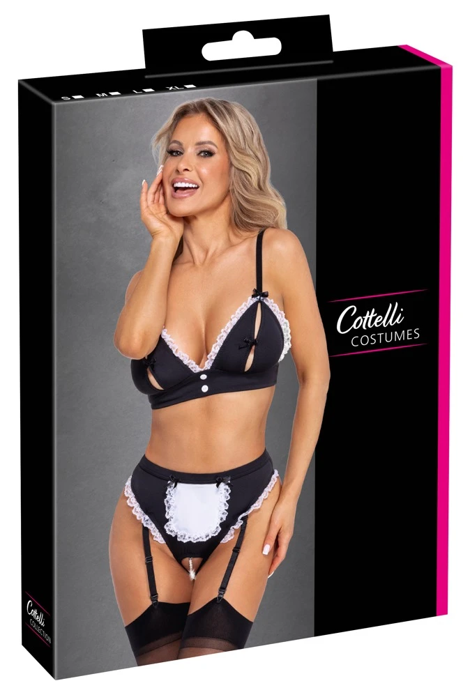 Servier-Set im 2-teiligen Dienstmädchen-Kostüm von Cottelli mit Ouvert-Bustier, Straps-String, Rüschen, Schleifchen und abnehmbaren verstellbaren Strapsen