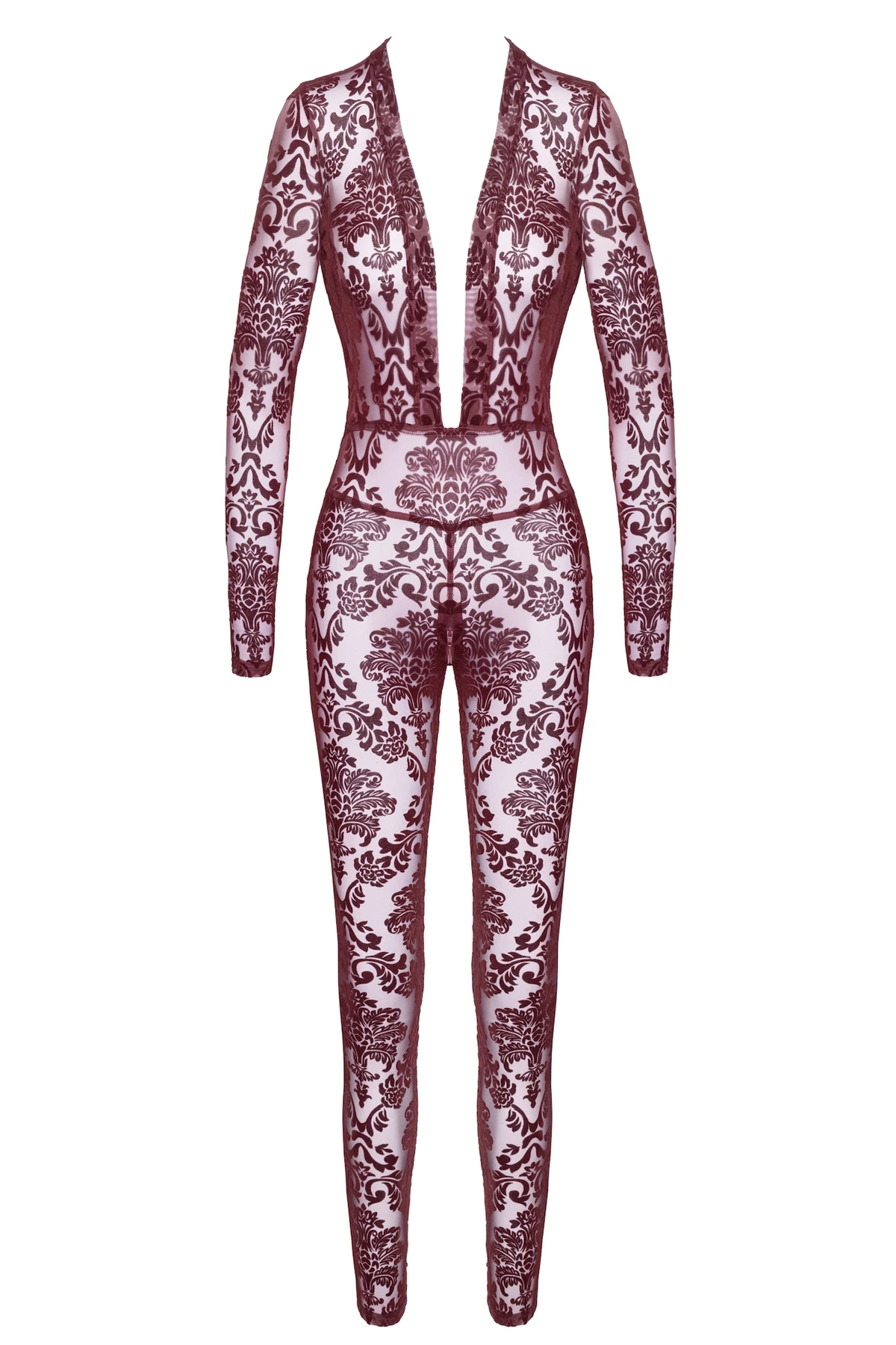 F382 Kinky Royal Overall burgunder aus transparentem Flocktüll mit tiefem Ausschnitt, figurbetonend, langen Ärmeln und 2-Wege-Reißverschluss im Schritt für einen heißen Look von Noir Handmande