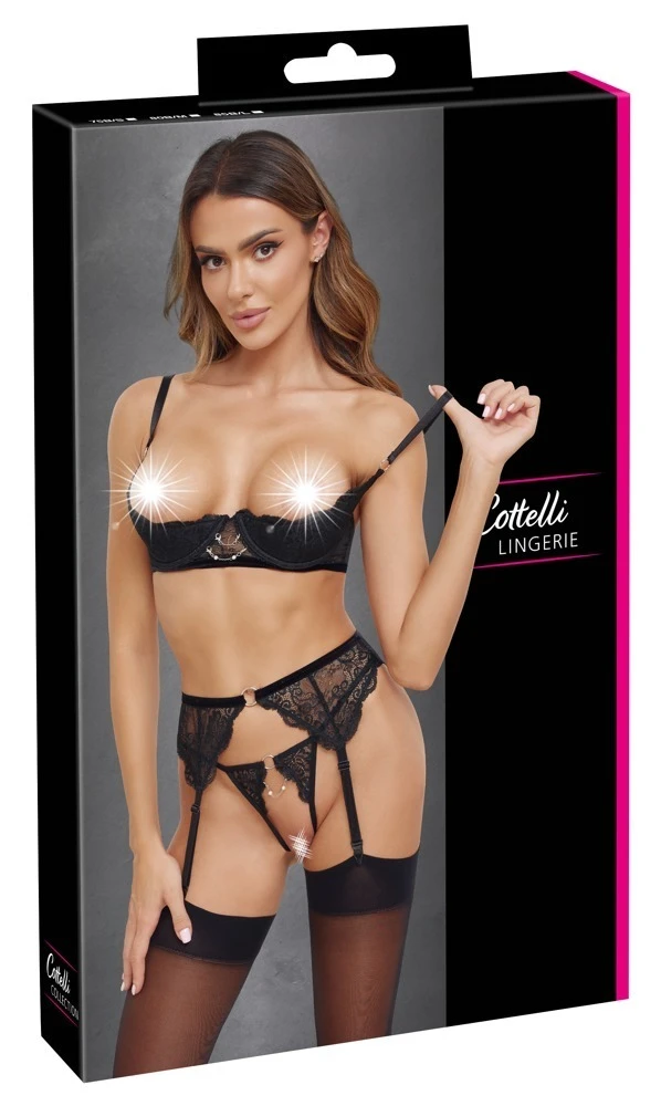 Cottelli LINGERIE Dessous Set Hebe Set Kette Hebe BH, Strapsgurt und String ouvert im Set