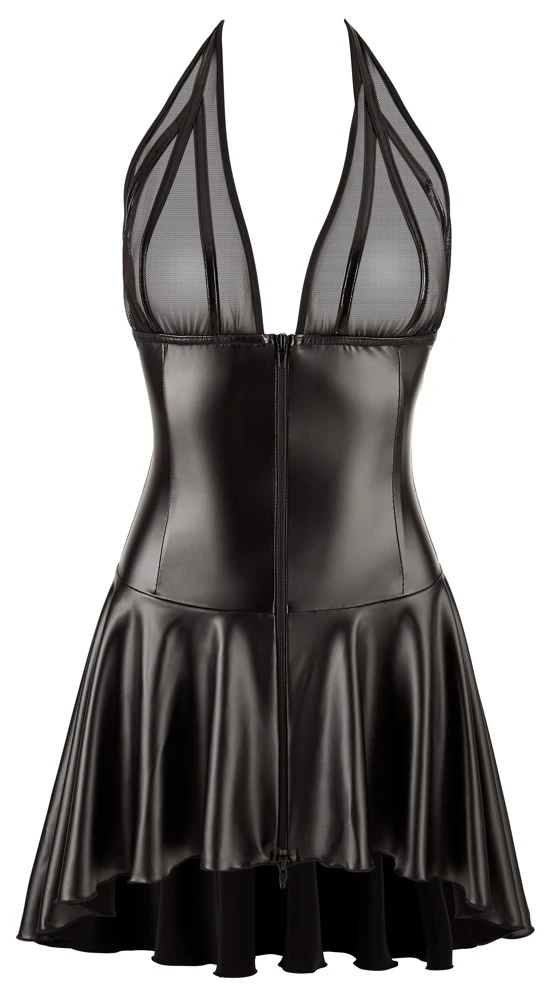 Kleid Immoral Exclusive kurz aus Powernet und Wetlook mit transparentem Oberteil Lackdetails Neckholder Rückenfrei Reißverschluss, 2-Wege-Reißverschluss von Noir Handmande
