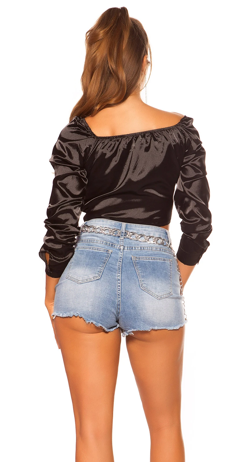 Langarm V-Neck Knoten Blusen Crop Top im Satin Look Langarm V-Neck Knoten Blusen Crop Top im Satin Look