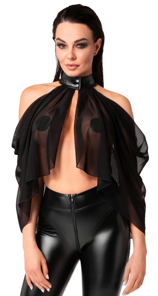 Noir Bolero Luftiges Transparent-Top im Cape-Style: Asymmetrisch, Schulterfrei mit Neckholder, Feiner Stretchtüll