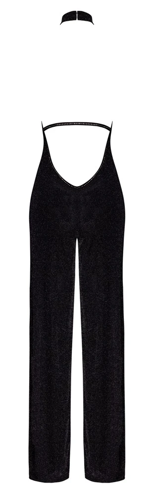 Noir Handmade Schulterfreier Neckholder Overall in schwarzer Glitzer Transparenz mit funkelnden Glitzersteinen, Stehkragen und rückenfreiem Design
