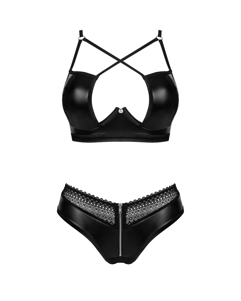 Obsessive 2-teiliges schwarzes Set Norides mit Bügel-BH und Slip im Wetlook, der sich elastisch und weich anschmiegt.  Der Slip verführt mit Spitzeneinsätzen am Bund und Reißverschluss vorne