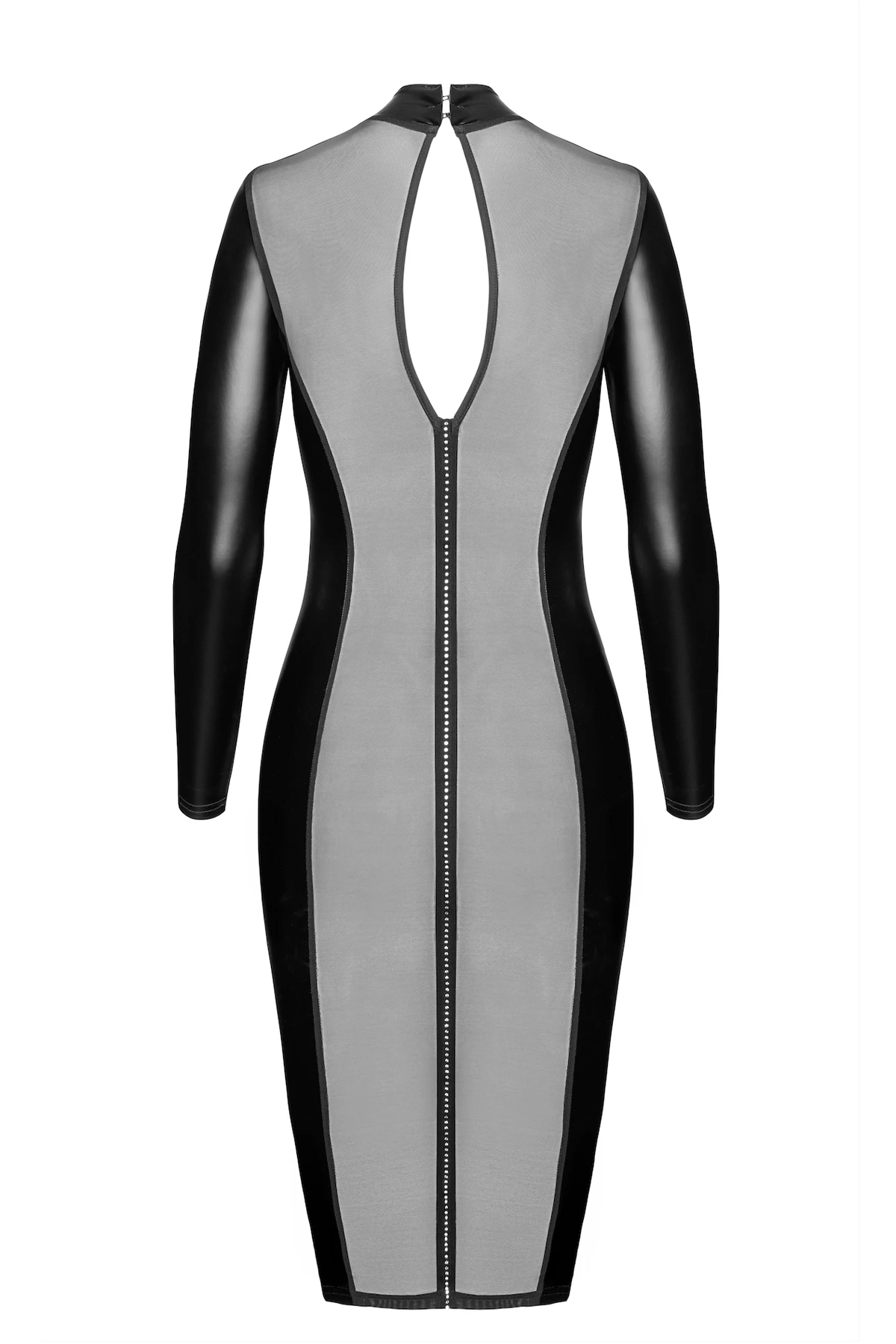 F371 Luxuria Crystal Sheer Kinky Midikleid Noir Handmade – hautenges Wetlook Kleid mit transparenter Rückseite, funkelnder Strasslinie und verführerischem Halsverschluss F371 Luxuria Crystal Sheer Kinky Midikleid Noir Handmade – hautenges Wetlook Kleid mit transparenter Rückseite, funkelnder Strasslinie und verführerischem Halsverschluss