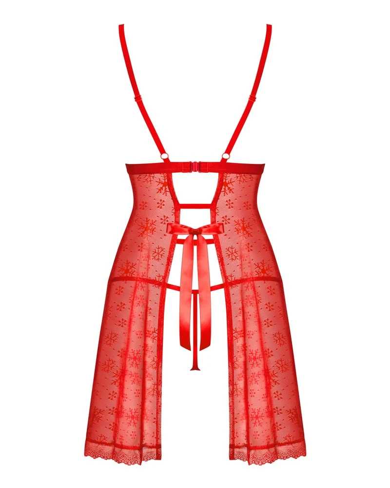 Negligé-Set Claussica: Reizwäsche mit Negligé und String, Roter Stretchtüll im Schneeflocken-Design mit süßen Bommel-Verzierungen und offener Rückseite
