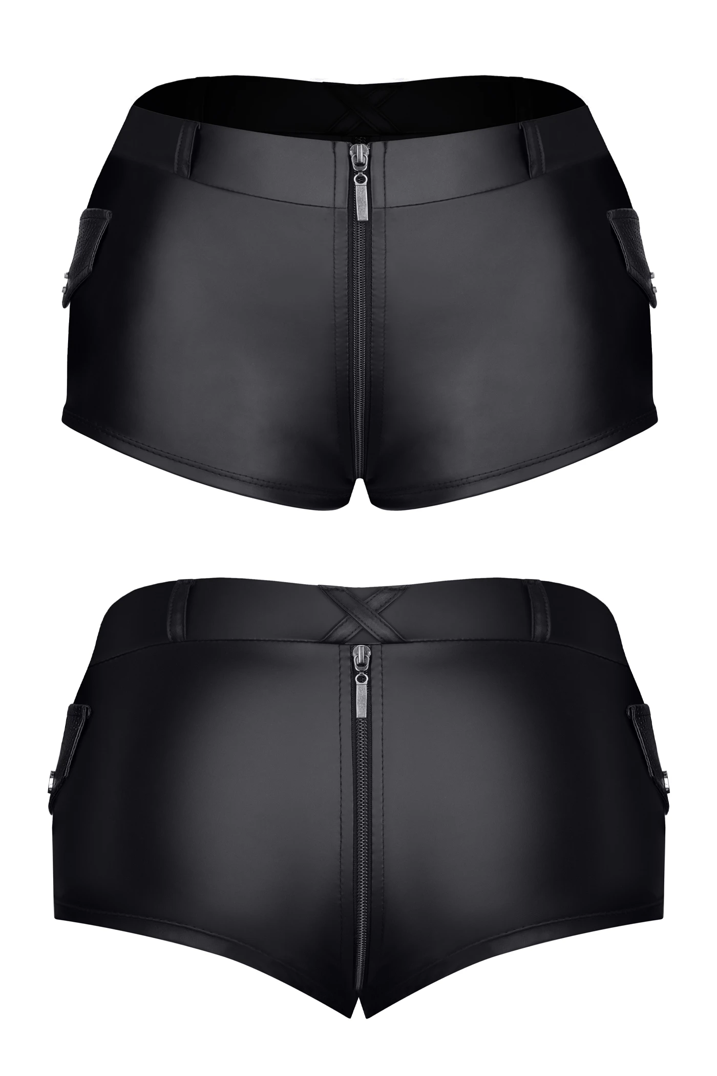 Sexy Wetlook Kinky Shorts mit 2-Wege Reißverschluss, dekorativen Taschen und Gürtelschlaufen für verführerische Momente. Schwarzer Damen Shorts TDHella001 von Demoniq Sexy Wetlook Kinky Shorts mit 2-Wege Reißverschluss, dekorativen Taschen und Gürtelschlaufen für verführerische Momente. Schwarzer Damen Shorts TDHella001 von Demoniq