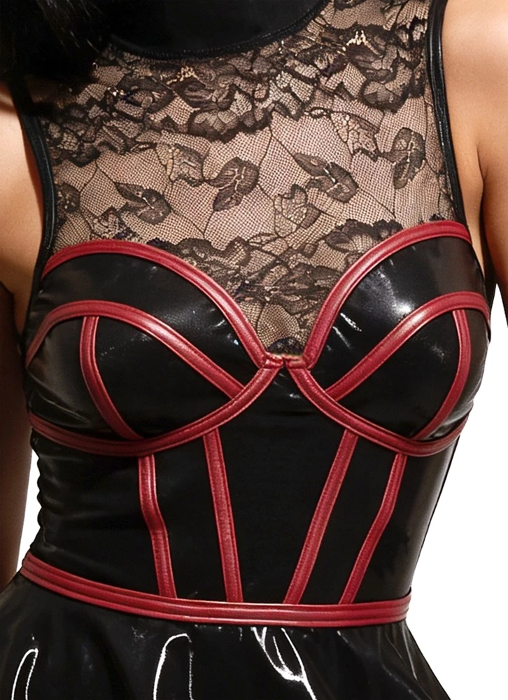 Kinky Wetlook Minikleid Spitze Corsagen-Look ärmellos schwarz rot Rücken transparent Damenkleid Cottelli PARTY