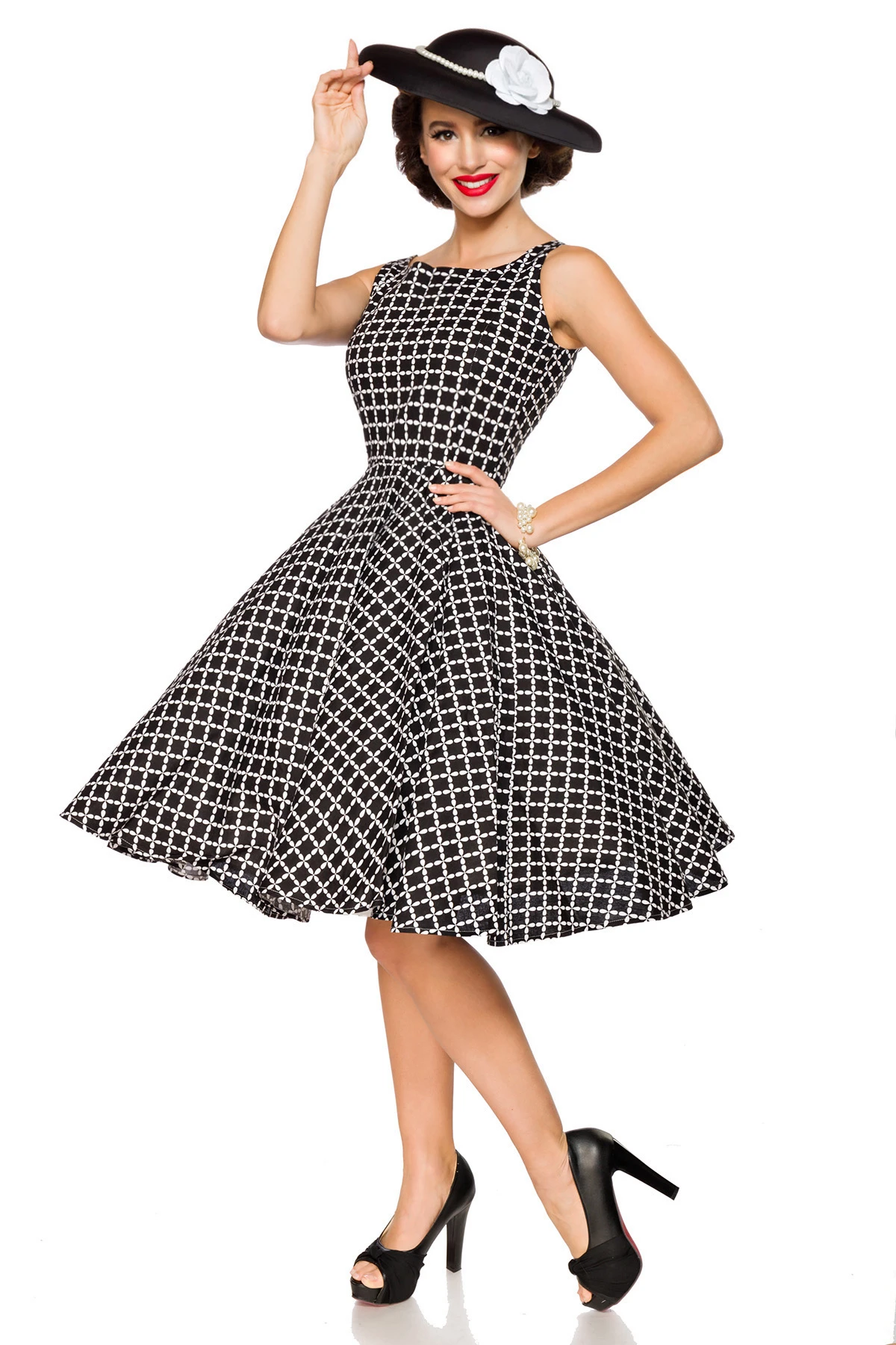 Belsira Vintage Kleid schwarz weiß Tellerrock ärmellos Baumwolle Retro Look tailliert mit Reißverschluss