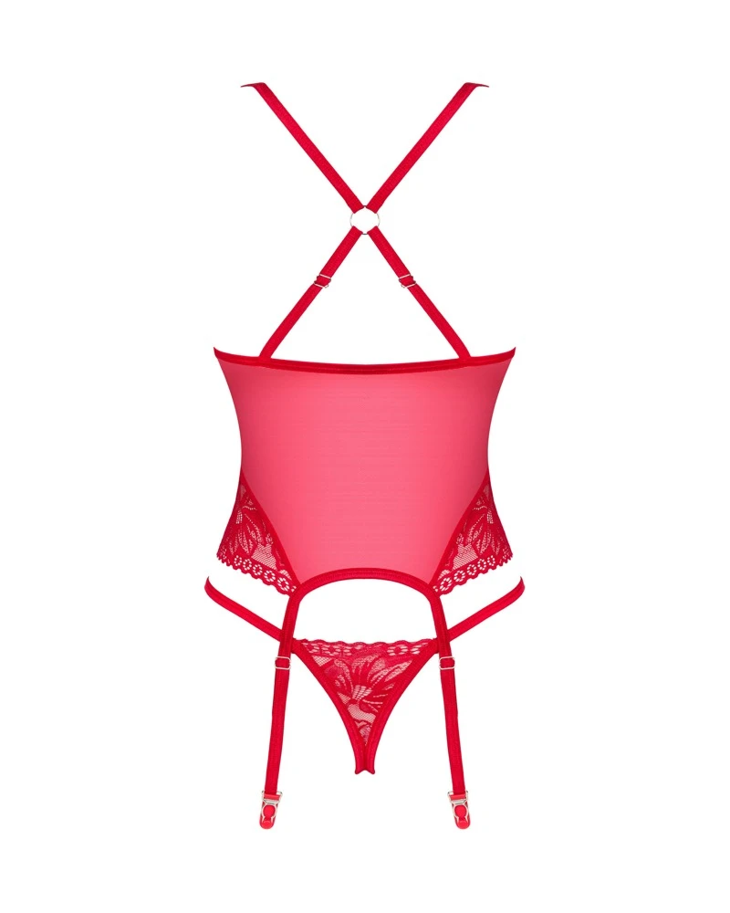 Obsessive Lacelove Korsett und der Tanga.  Dieses sinnliche Set in intensivem Rot wird Ihre Figur perfekt betonen. Mit Spitzeneinsätzen und floraler Spitze.