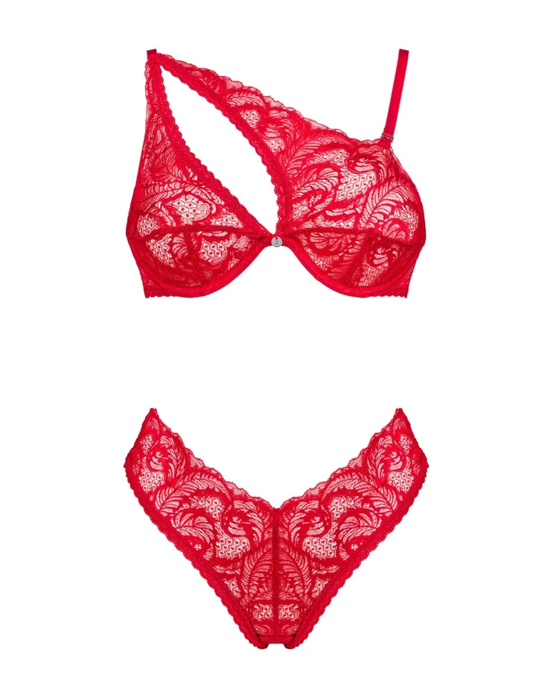 Obsessive Stylischer Bügel-BH und Slip im Set Atenica aus wundeschöner roter Spitze. Weich und elastisch für hohen Tragekomfort.