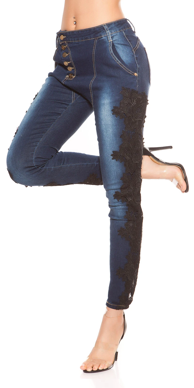 Stylo Skinny Röhren Hüft Jeans mit Deko Spitze und Knopfleiste Stylo Skinny Röhren Hüft Jeans mit Deko Spitze und Knopfleiste