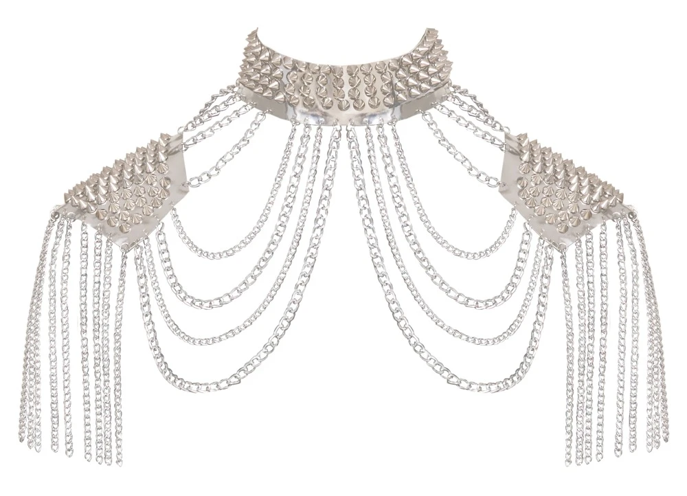 Bad Spiked Collar and shoulder, Bad Kitty Silber Kettenkragen mit Spikes erotischer Körperschmuck Unisex Harness für Hals Schultern Oberarme