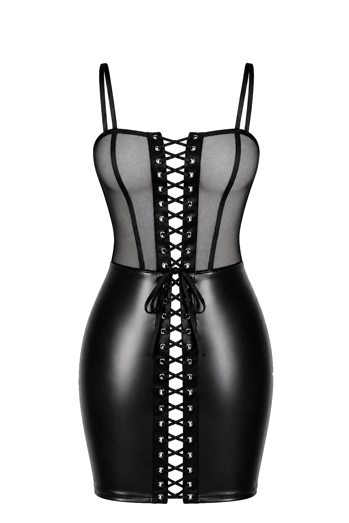 Minikleid Kinky aus Powerwetlook und Mesh - Noir Handmade F409 Do Not Disturb - sexy in Schwarz mit Frontschnürung und dünnen Trägern
