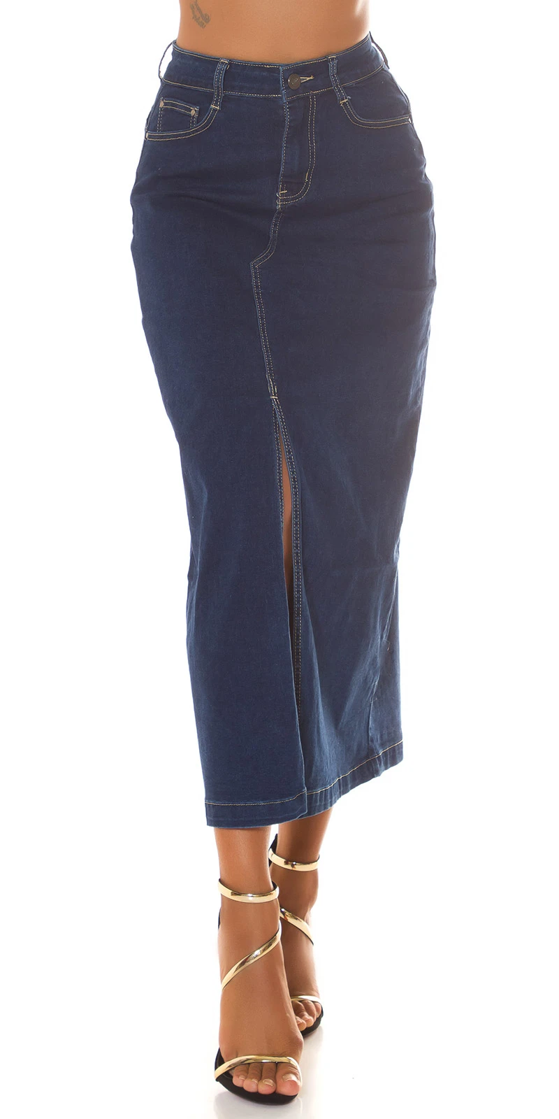 Dark Denim High Waist Maxi Rock mit Schlitz vorne Dark Denim High Waist Maxi Rock mit Schlitz vorne