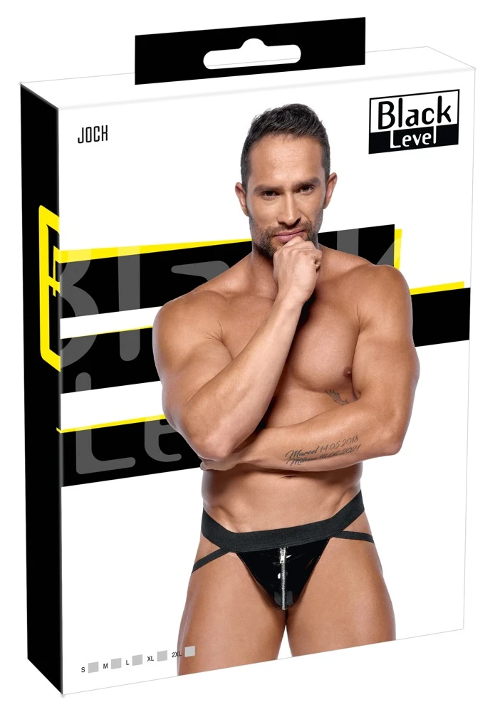 Schwarzer Lack-Jock von Black Level mit breitem, bequemem Webgummi-Bund und komfortablen Webgummi-Riemen. Mit Reißverschluss im Beutel.