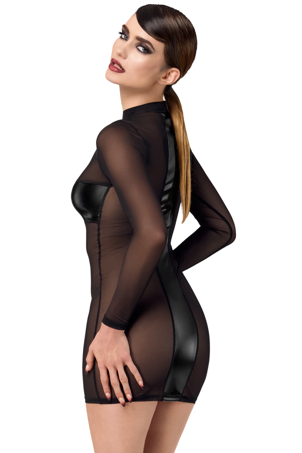 Crossfire Netz und Wetlook Kinky Minikleid F369 Noir Handmade aus elastischem Powerwetlook mit langen Ärmeln und markanten Kreuz- und Streifen-Details für einen provokanten Look