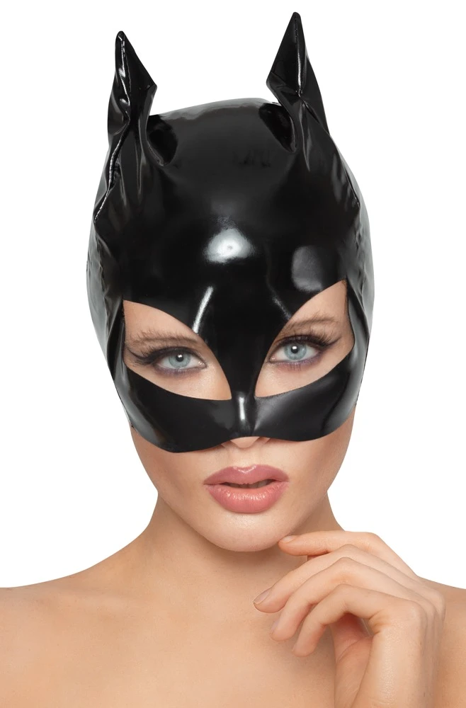  Das Highlight auf jeder Fetish-Party! Halbe Kopfmaske von Black Level im schwarzen Lackglanz und im Cat-Look mit kleinen Ohren und großen Katzenaugen-Öffnungen.