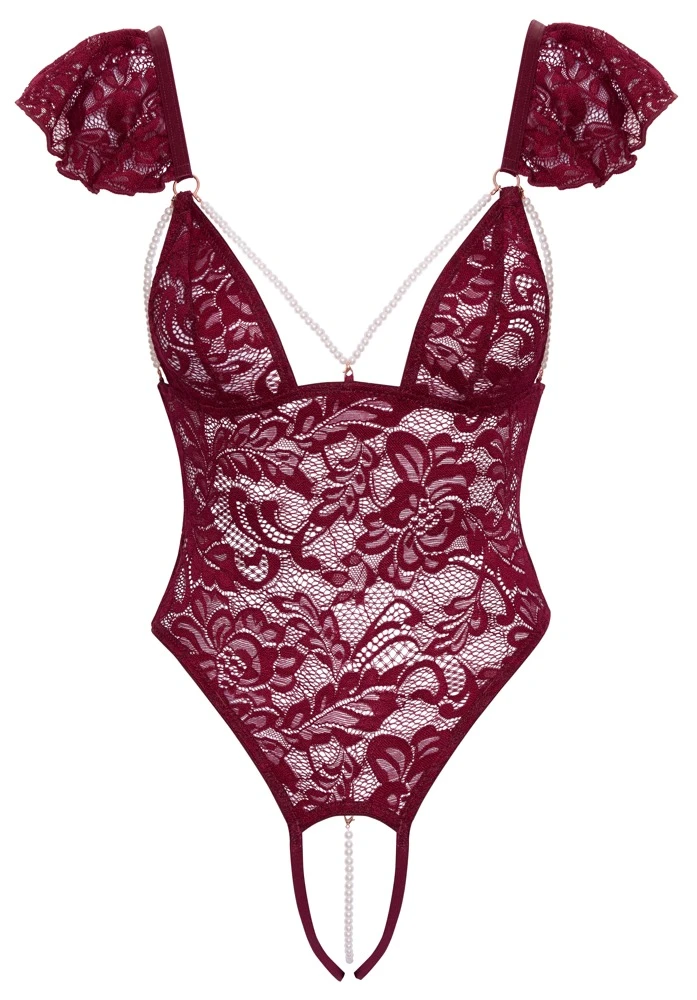 Stringbody ouvert mit Schulterspitze aus bordeaux-roter Blütenspitze von Cottelli LINGERIE mit roségoldfarbenen Details und abnehmbaren Perlenketten