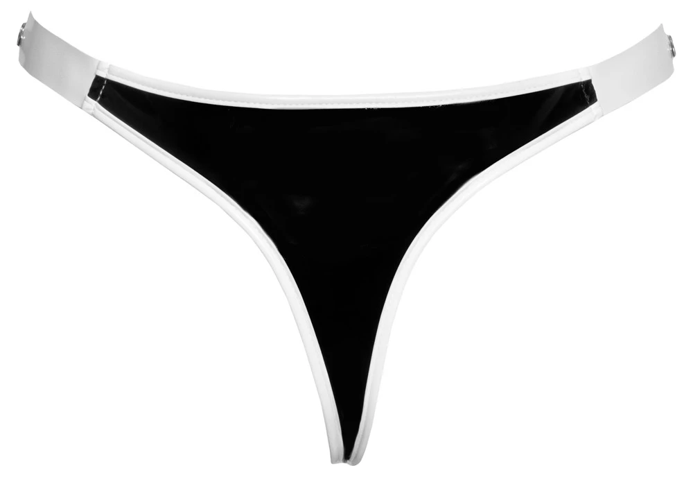 Riostring von Black Level im schwarzen Lackglanz mit weißen Lack-Paspelierungen.Seitlich mit verstellbarem Schnallenverschluss.