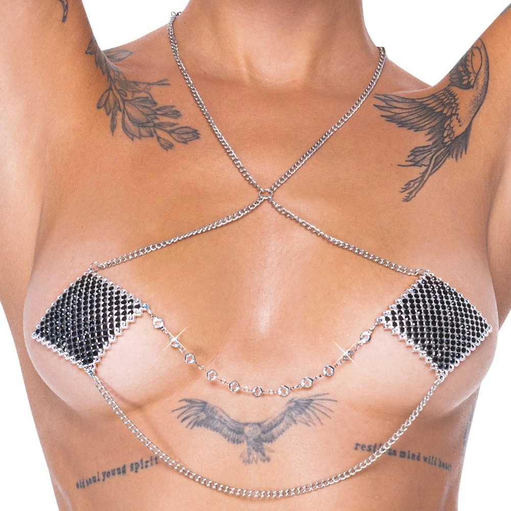 Cottelli Rauten-Nippelsticker mit silberfarbenen Schmucksteinchen hautfreundlichem Bio-Kleber und Kettchen mehrfach verwendbar
